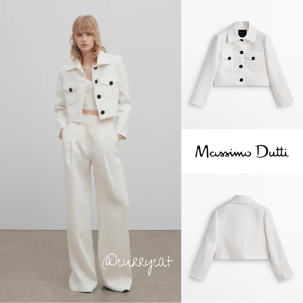 Zara Massimo Dutti Studio White Jacquard Linen Short Jacket
